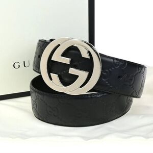 Authentuc Gucci Guccisima Black Leather Belt with Gold Interlocking Buckle